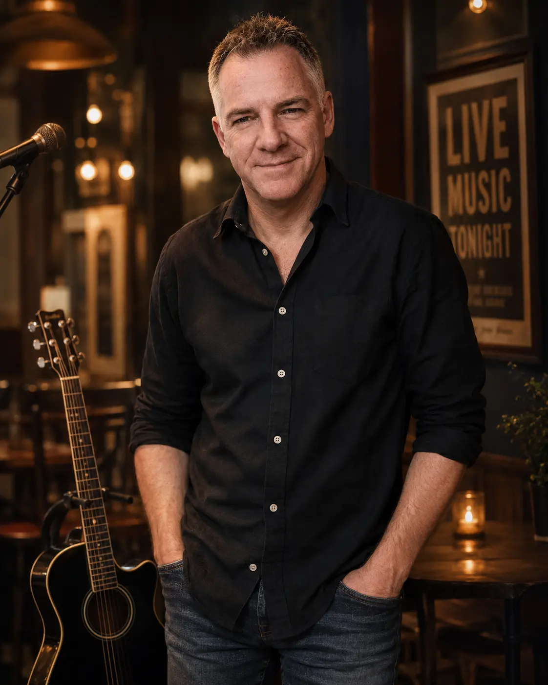 Portrait of Merse beside his acoustic guitar
